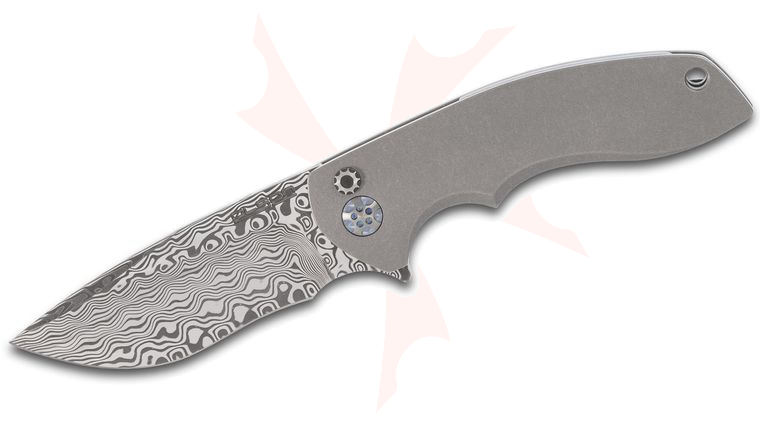 Rod Olson Custom JV Gemini 3 Flipper Knife 3 inch Vinland Damasteel Blade, Contoured Titanium Handles, Damasteel Clip