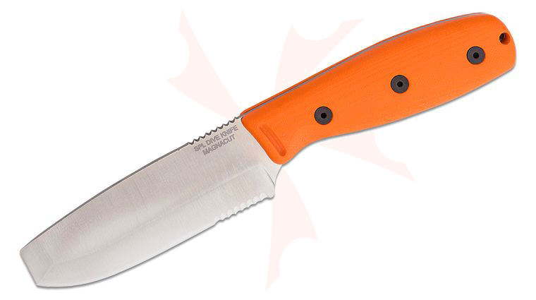 Ontario 6140 SPL Dive Knife 4.14 inch CPM-MagnaCut Satin Blunt Tip Combo Blade, Orange G10 Handle, Molded Plastic Sheath
