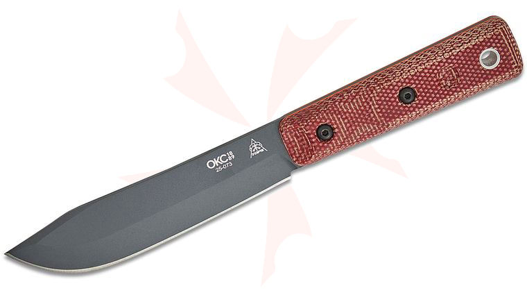 Ontario by TOPS Knives XL Hunter Fixed Blade Knife 5.5 inch 1095 Sniper Gray Clip Point, Red Canvas Micarta Handles, Leather Sheath