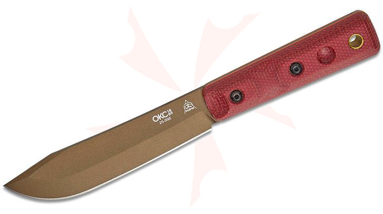 Ontario by TOPS Knives XL Hunter Fixed Blade Knife 5.5 inch 1095 Midnight Bronze Clip Point, Red Canvas Micarta Handles, Leather Sheath