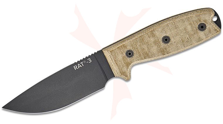 Ontario RAT-3 Utility Fixed Blade Knife 3.75 inch 1075 Black Plain Blade, Tan Canvas Micarta Handles, Nylon Sheath