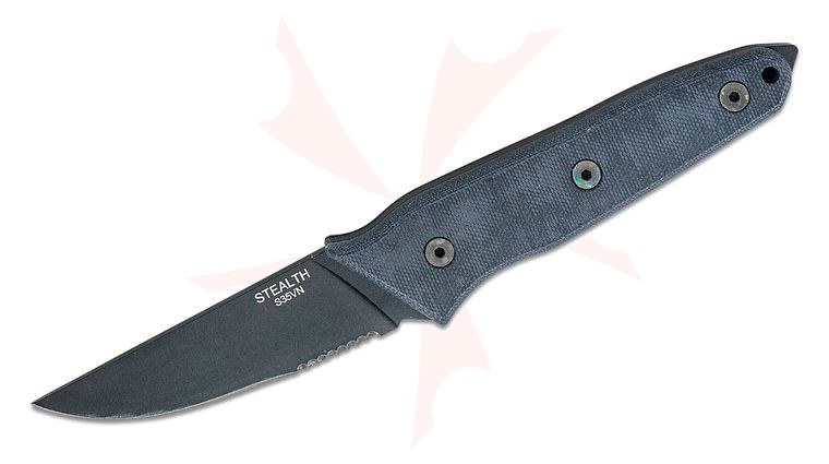 Ontario Stealth Fixed Blade Knife 3.5 inch S35VN Black Straight Back Combo, Black Micarta Handles, Nylon Sheath