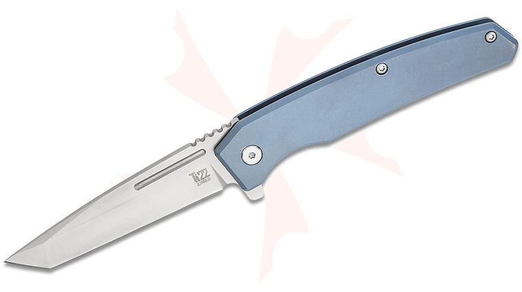Ontario Ti-22 Ultrablue Folding Knife 3.03 inch Satin Tanto Blade, Blue Bead Blasted Titanium Handles