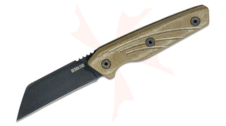 Ontario Besra FXD Fixed Blade Knife 3.25 inch 1075 Black PVD Cleaver, Linen Micarta Handles, Leather Sheath