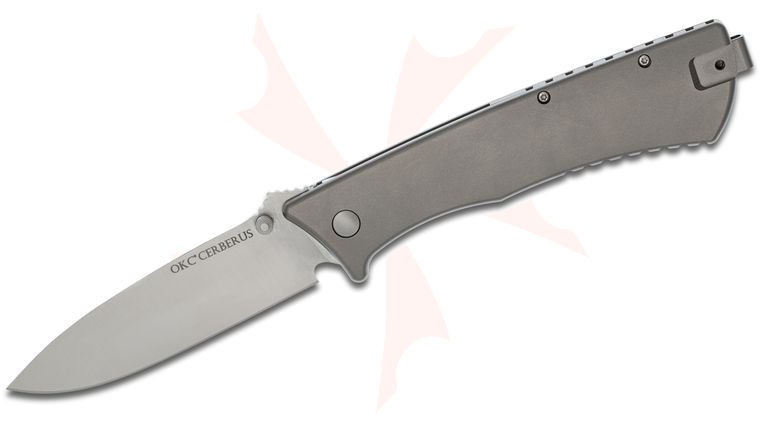 Ontario Cerberus Folding Knife 3.75 inch D2 Satin Plain Blade, Gray Titanium Handles