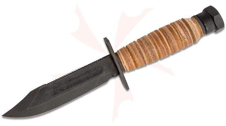 Ontario 499 Air Force Survival Knife 5 inch Sawback Blade with False Top Edge and Blood Grooves, Natural Leather Handle and Sheath