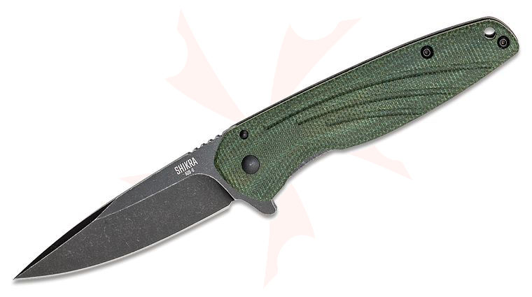 Ontario Shikra Flipper Knife 3.2 inch Black Stonewash Plain Blade, Green Micarta and Titanium Handles