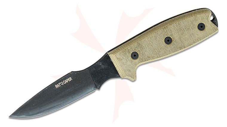 Ontario RAT-3 Caper Knife 3 inch Black Coated Blade, Micarta Handles, Leather Sheath