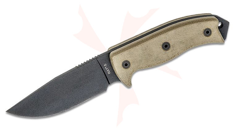 Ontario RAT-5 Survival Knife 5.25 inch 1095 Carbon Steel Plain Blade, Micarta Handles, Nylon Sheath