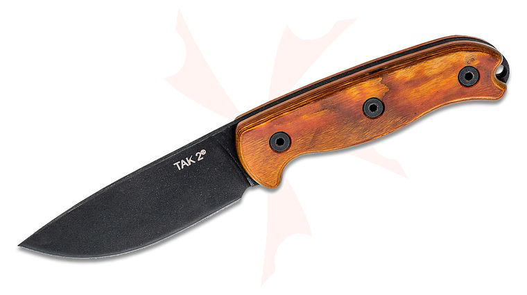 Ontario TAK-2 Fixed Blade Knife 4.2 inch 1075 Black Drop Point, Stabilized Hardwood Handles, Leather Sheath