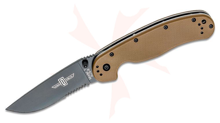 Ontario RAT Model 1 Folding Knife 3.6 inch Black Combo Blade, Coyote Brown Nylon Handles
