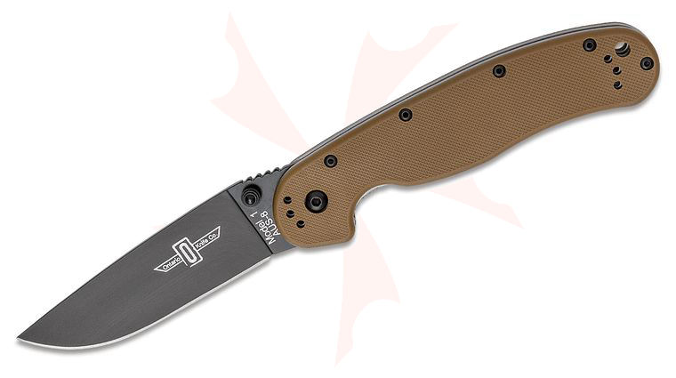 Ontario RAT Model 1 Folding Knife 3.6 inch Black Plain Blade, Coyote Brown Nylon Handles