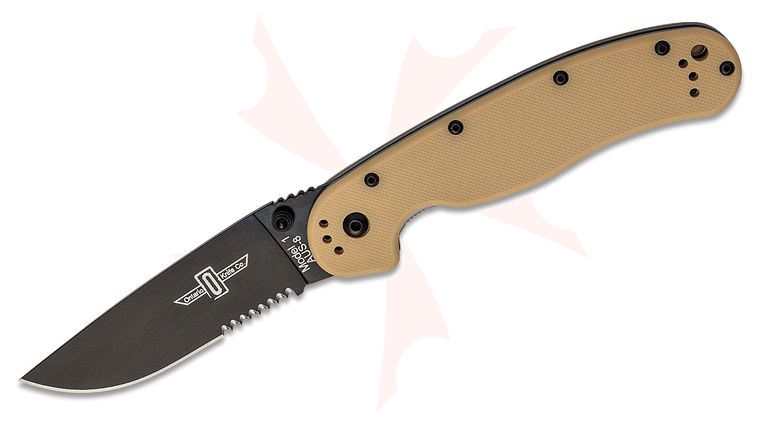 Ontario RAT Model 1 Folding Knife 3.6 inch Black Combo Blade, Desert Tan Nylon Handles