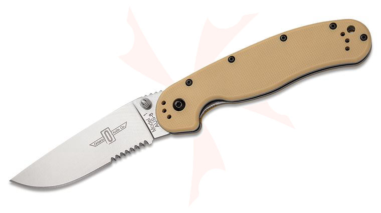 Ontario RAT Model 1 Folding Knife 3.6 inch Satin Combo Blade, Desert Tan Nylon Handles