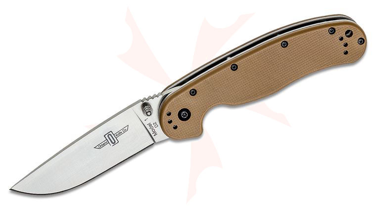 Ontario RAT Model 1 Folding Knife 3.6 inch Satin D2 Plain Blade, Coyote Brown Nylon Handles
