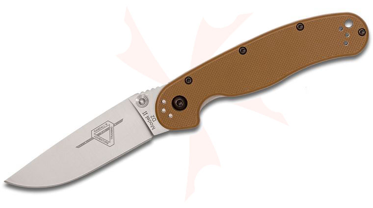 Ontario RAT Model 2 Folding Knife 3.0 inch D2 Satin Plain Blade, Coyote Brown Nylon Handles