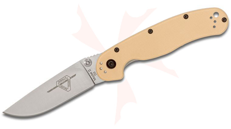 Ontario RAT Model 2 Folding Knife 3.0 inch D2 Satin Plain Blade, Desert Tan Nylon Handles