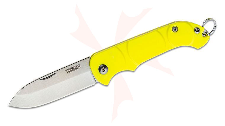 Ontario Traveler Keyring Folding Knife 2.13 inch Satin Plain Blade, Yellow Synthetic Handles, 
