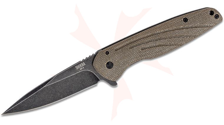 Ontario Shikra Flipper Knife 3.2 inch Black Stonewash Plain Blade, Tan Micarta and Titanium Handles