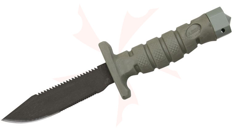 Ontario ASEK Survival Knife System FG/UC 5 inch Combo Blade, OD Green Rubber Handle, Strap Cutter, Digital Camo Sheath