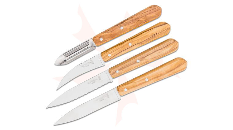Opinel 4-Piece Essentials Small Kitchen Knives Set, Olive Wood Handles