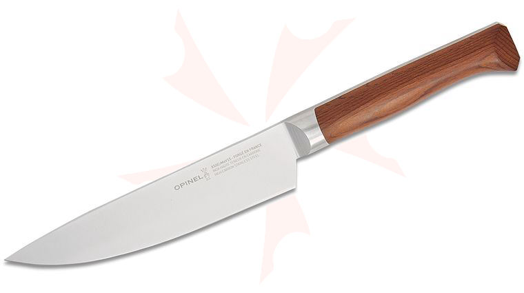 Opinel Les Forges 1890 Kitchen 6 inch Chef's Knife, Varnished Beach Wood Handle, Leather Sheath