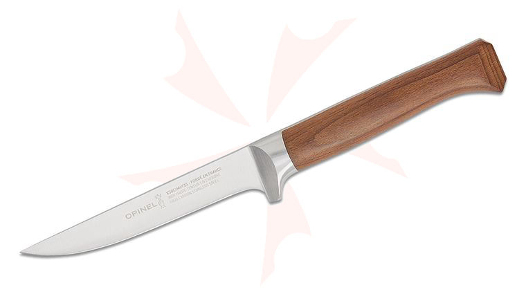 Opinel Les Forges 1890 Kitchen 5 inch Boning Knife, Varnished Beach Wood Handle, Leather Sheath