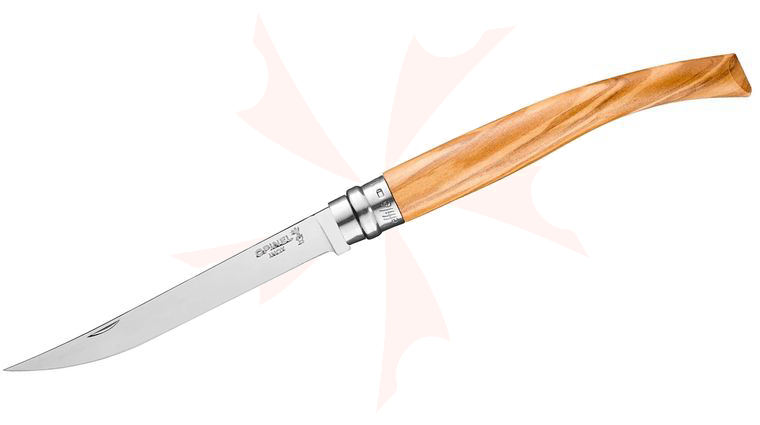 Opinel N012 Effile Ring Lock Folding Fillet Knife 5 inch Stainless Steel Polished Plain Blade, Olive Wood Handle
