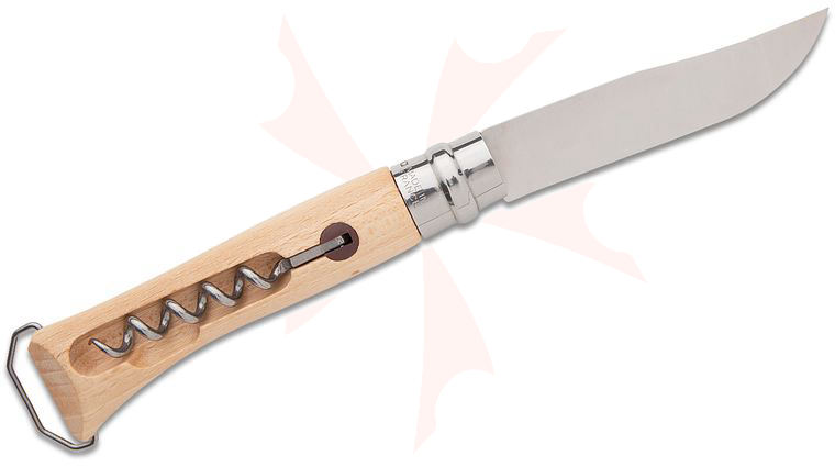Opinel N010 Corkscrew Knife Folding 3.92 inch Satin Clip Point Blade, Beechwood Handle with Bottle Opener