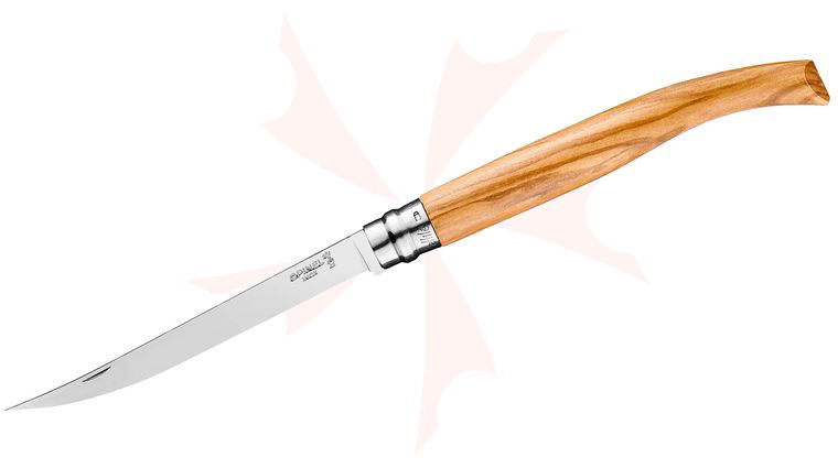 Opinel N015 Effile Ring Lock Folding Fillet Knife 5.75 inch Stainless Steel Polished Plain Blade, Olive Wood Handle