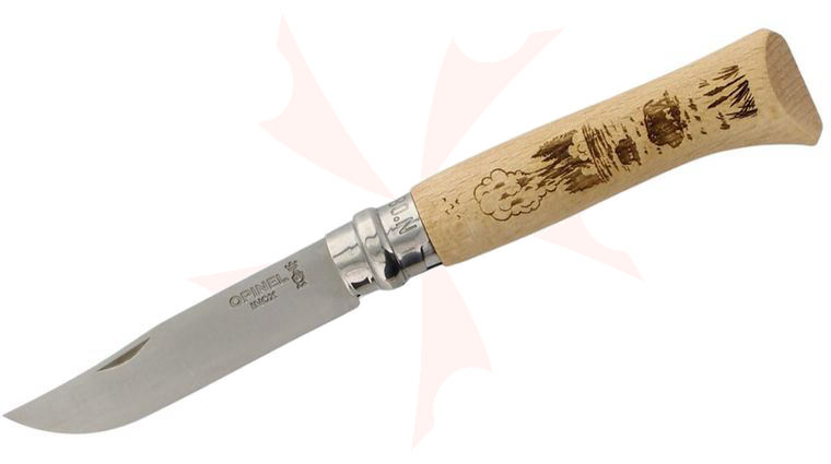 Opinel National Parks N08 Yellowstone Ring Lock Folding Knife 3.25 inch Stainless Clip Point Blade, Engraved Beechwood Handle