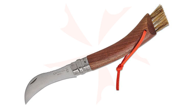 Opinel N08 Mushroom Folding Knife 3 inch 12C27 Satin Hawkbill Blade, Black Walnut Handle with Brush