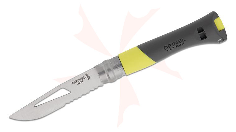 Opinel N09 Ocean Ring Lock Folding Knife 3.5 inch Stainless Combo Clip Point Blade, Yellow FRN Handles with Rescue Whistle and Marlinspike