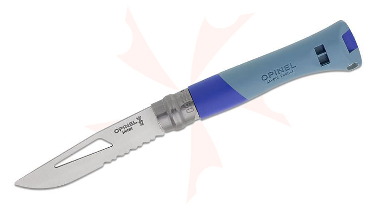 Opinel N09 Ocean Ring Lock Folding Knife 3.5 inch Stainless Combo Clip Point Blade, Blue FRN Handles with Rescue Whistle and Marlinspike