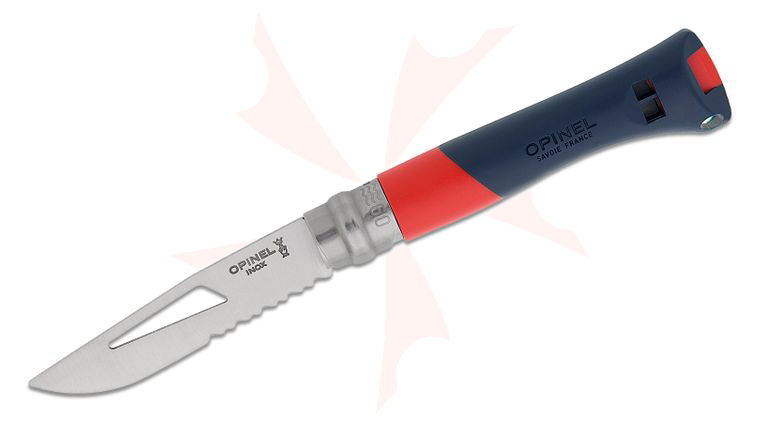 Opinel N09 Ocean Ring Lock Folding Knife 3.5 inch Stainless Combo Clip Point Blade, Red FRN Handles with Rescue Whistle and Marlinspike