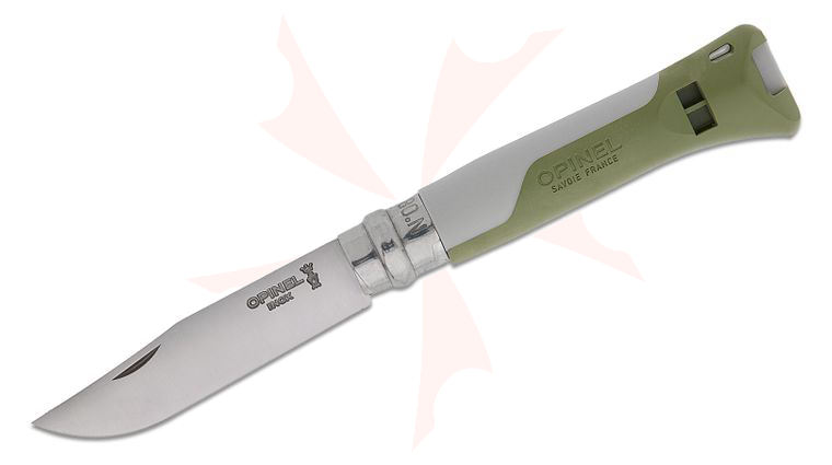 Opinel N08 Horizon Ring Lock Folding Knife 3.25 inch Stainless Clip Point Blade, Pebble Gray and Sage FRN Handles with Rescue Whistle
