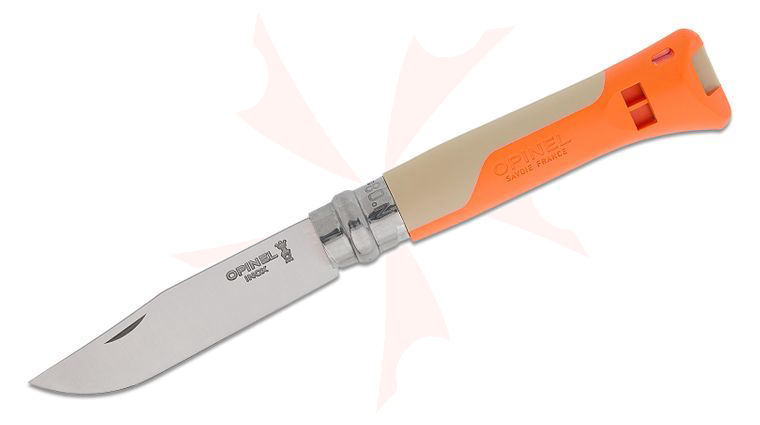 Opinel N08 Horizon Ring Lock Folding Knife 3.25 inch Stainless Clip Point Blade, Sand and Orange FRN Handles with Rescue Whistle