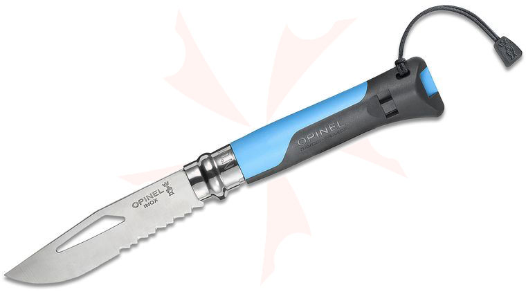 Opinel N08 Outdoor Folder 3.25 inch Sandvik 12C27 Stainless Steel Combo Blade, Blue Zytel Handle, Safety Whistle