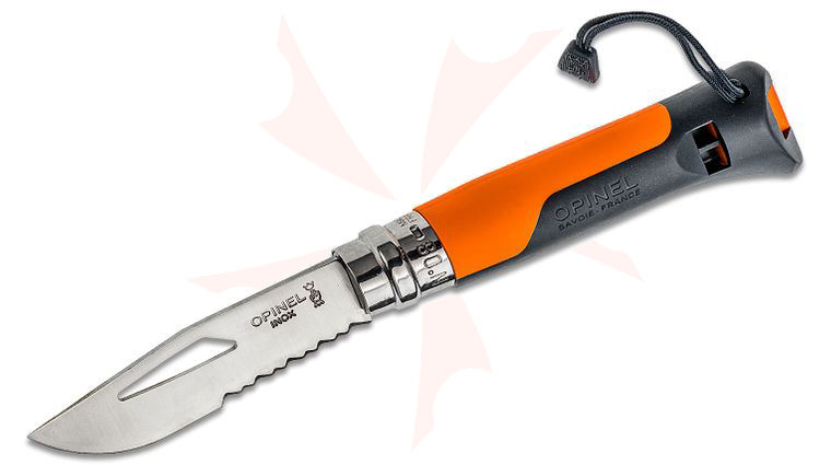 Opinel N08 Outdoor Folder 3.25 inch Sandvik 12C27 Stainless Steel Combo Blade, Orange Zytel Handle, Safety Whistle