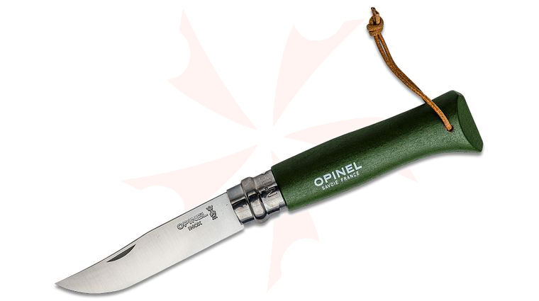 Opinel N08 Colorama Folding Knife 3.25 inch Sandvik 12C27 Plain Blade, Forest Green Beechwood Handle, Leather Lanyard