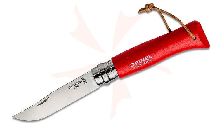 Opinel N08 Colorama Folding Knife 3.25 inch Sandvik 12C27 Plain Blade, Red Beechwood Handle, Leather Lanyard