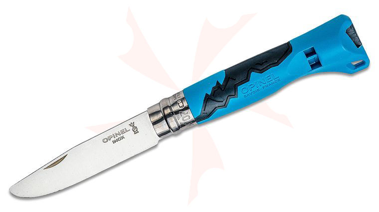Opinel N07 Scouts Folding Knife 3.2 inch Sandvik 12C27 Steel Blunt Tip Blade, Blue Zytel Handle, Safety Whistle