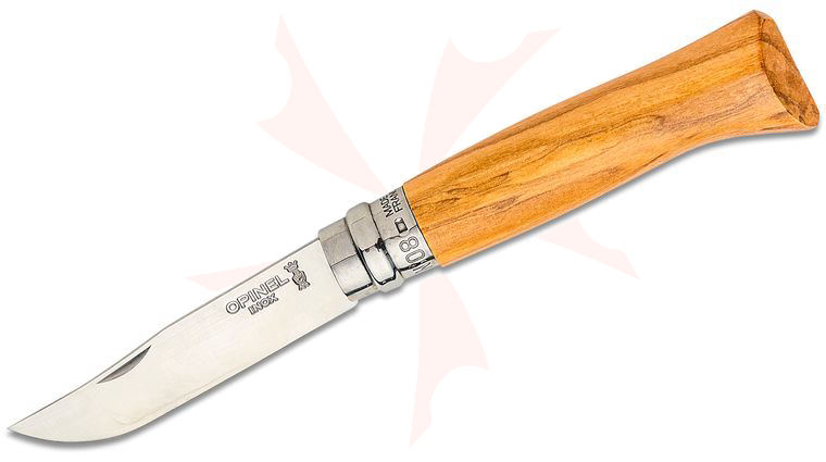 Opinel N08 Folding Knife 3.28 inch Sandvik 12C27 Plain Blade, Olive Wood Handle, Alpine Leather Sheath, Wooden Gift Box