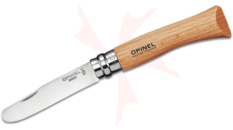 Opinel N07 Scouts Folding Knife 2.875 inch Sandvik 12C27 Blunt Tip Blade, Beechwood Handle