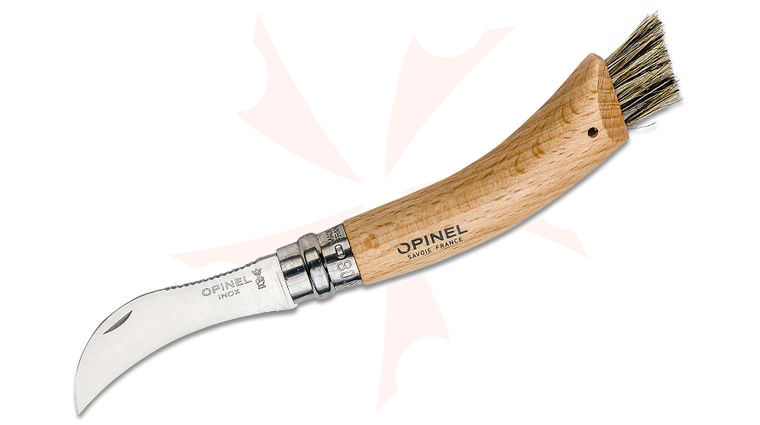 Opinel N08 Mushroom Folding Knife 3 inch 12C27 Satin Hawkbill Blade, Beechwood Handle with Brush