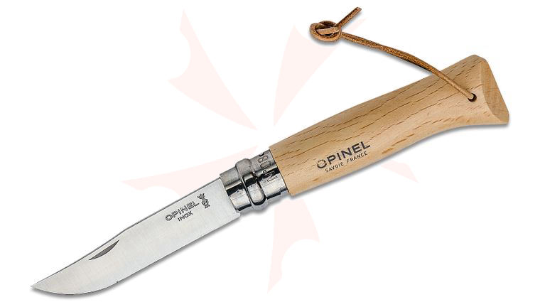 Opinel N08 Folding Knife 3.28 inch 12C27 Satin Plain Blade, Beechwood Handle, Leather Lanyard