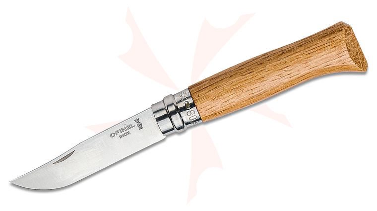 Opinel N08 Folding Knife 3.28 inch Sandvik 12C27 Stainless Plain Blade, Oak Wood Handle