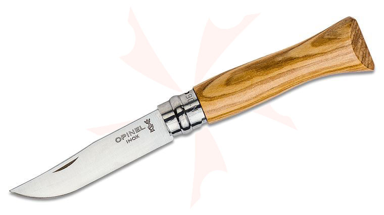 Opinel N06 Folding Knife 2.875 inch Sandvik 12C27 Stainless Plain Blade, Olive Wood Handle