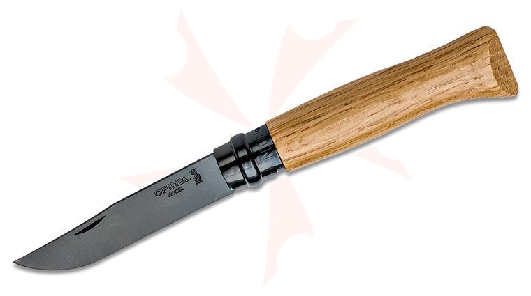 Opinel N08 Folding Knife 3.28 inch Sandvik 12C27 Black Anodized Blade, Oak Wood Handle