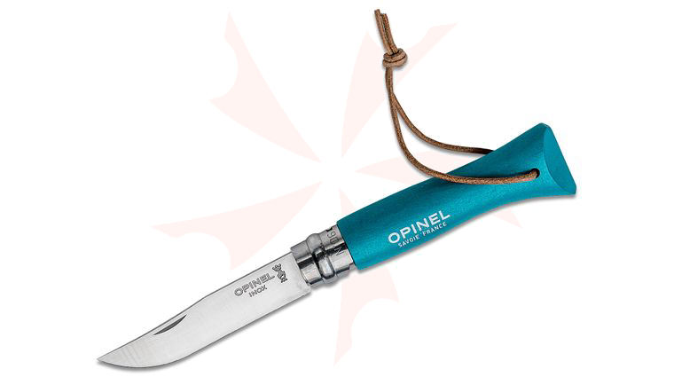 Opinel N06 Folding Knife 2.875 inch Sandvik 12C27 Stainless Plain Blade, Turquoise Beechwood Handle